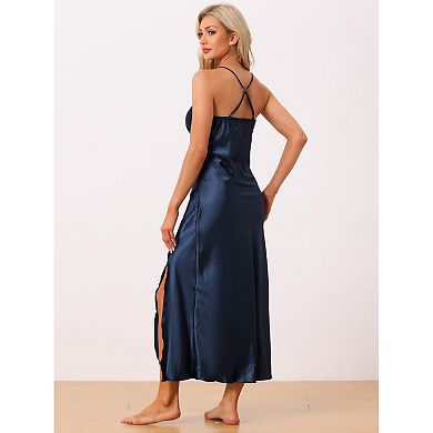 Womens Satin Long Sleep Dress Sleeveless Lace Night Shirt V Neck Nightgown