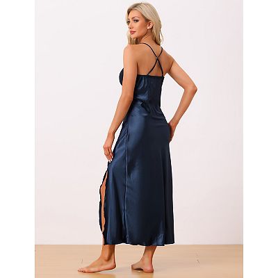 Womens Satin Long Sleep Dress Sleeveless Lace Night Shirt V Neck Nightgown