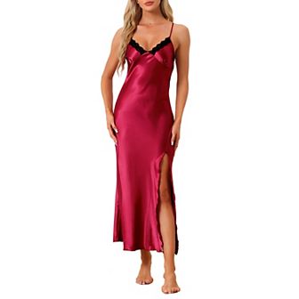 Womens Satin Long Sleep Dress Sleeveless Lace Night Shirt V Neck Nightgown