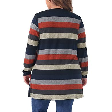 Plus Size Cardigan For Women Open Front Long Sleeve Contrast Color Stripe with Pocket