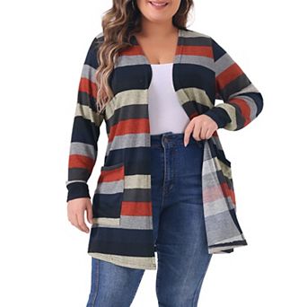 Plus Size Cardigan For Women Open Front Long Sleeve Contrast Color Stripe with Pocket