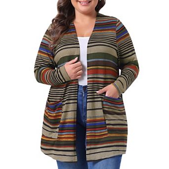 Plus Size Cardigan For Women Open Front Long Sleeve Contrast Color Stripe with Pocket