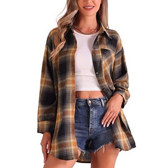 Women's Vintage Plaid Flannel Shirt Long Sleeve Button Turn Down Collar Blouses Tops Casual Cardigan