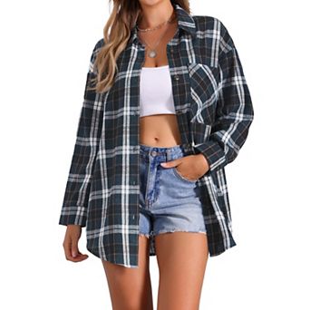 Women's Vintage Plaid Flannel Shirt Long Sleeve Button Turn Down Collar Blouses Tops Casual Cardigan