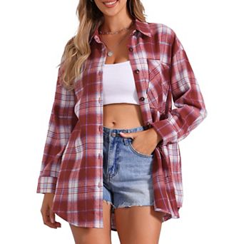 Women's Vintage Plaid Flannel Shirt Long Sleeve Button Turn Down Collar Blouses Tops Casual Cardigan