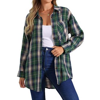 Women's Vintage Plaid Flannel Shirt Long Sleeve Button Turn Down Collar Blouses Tops Casual Cardigan