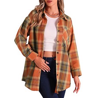 Women's Vintage Plaid Flannel Shirt Long Sleeve Button Turn Down Collar Blouses Tops Casual Cardigan