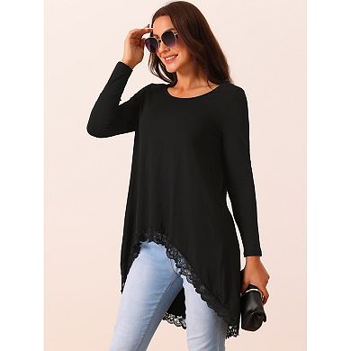 Women's High Low Tops Long Sleeve Lace Trim Crewneck Irregular Hem Flowy Blouse Tops