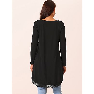 Women's High Low Tops Long Sleeve Lace Trim Crewneck Irregular Hem Flowy Blouse Tops