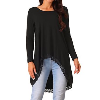 Women's High Low Tops Long Sleeve Lace Trim Crewneck Irregular Hem Flowy Blouse Tops