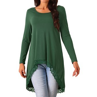 Women's High Low Tops Long Sleeve Lace Trim Crewneck Irregular Hem Flowy Blouse Tops