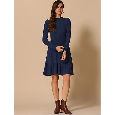 Sweater Dress for Women's Stand Collar Stretchy Puffy Long Sleeve Ruffle Knit Dresses