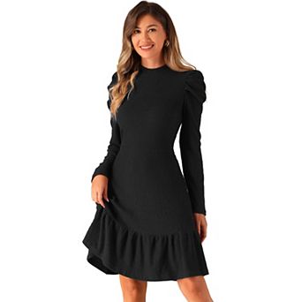 Sweater Dress for Women's Stand Collar Stretchy Puffy Long Sleeve Ruffle Knit Dresses