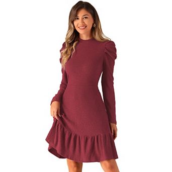 Sweater Dress For Women's Stand Collar Stretchy Puffy Long Sleeve Ruffle Knit Dresses