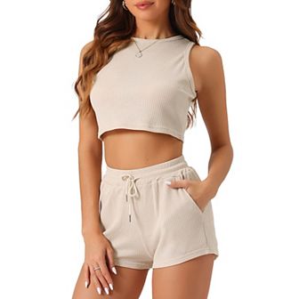 Womens 2 pc Lounge Sets Pajama Short Waffle Tank Fashion Suit Hot Girl Sleeveless Loungewear
