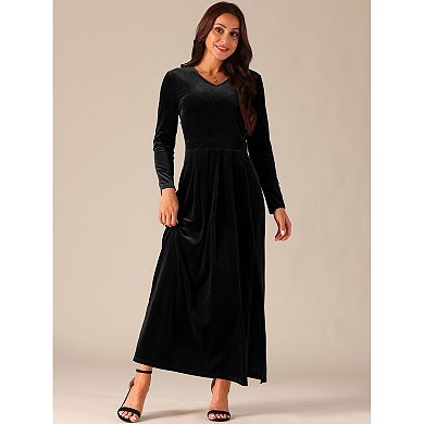 Women's Elegant V Neck Dresses Long Sleeve High Waist Split Hem Cocktail Party Maxi Velvet Dress