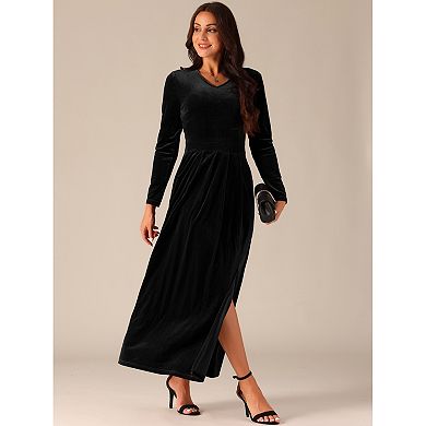 Women's Elegant V Neck Dresses Long Sleeve High Waist Split Hem Cocktail Party Maxi Velvet Dress
