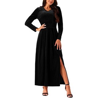 Women's Elegant V Neck Dresses Long Sleeve High Waist Split Hem Cocktail Party Maxi Velvet Dress