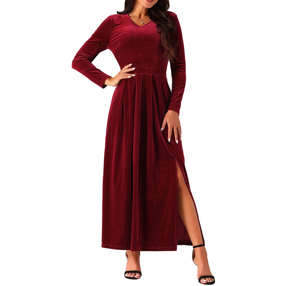 Long Sleeves Deep V Evening Dresses Gold Velvet High Side Split