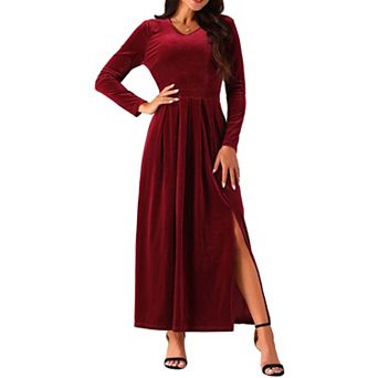 Women's Elegant V Neck Dresses Long Sleeve High Waist Split Hem Cocktail Party Maxi Velvet Dress
