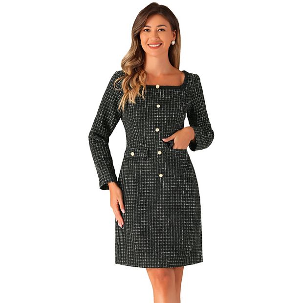 Tweed Dress For Women s Square Neck Long Sleeve Elegant Cocktail Plaid Dress