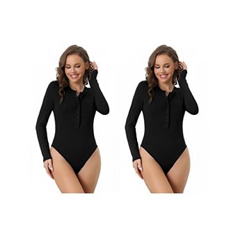 2 Packs Women's Full Bodysuit Button Crew Neck Long Sleeve Bodycon Romper Stretchy Jumpsuit