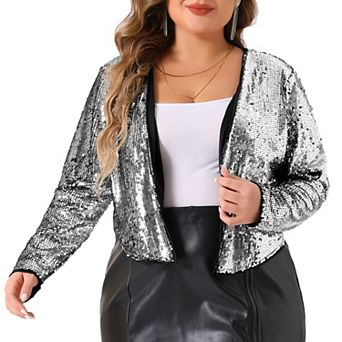 Plus Size Sequin Cardigan For Women Glitter Shiny Long Sleeve Shrug Bolero Jackets