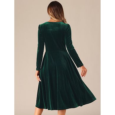 Square Neck Dress For Women's Pocket High Waist Puffy Long Sleeve Elegant Velvet Dresses