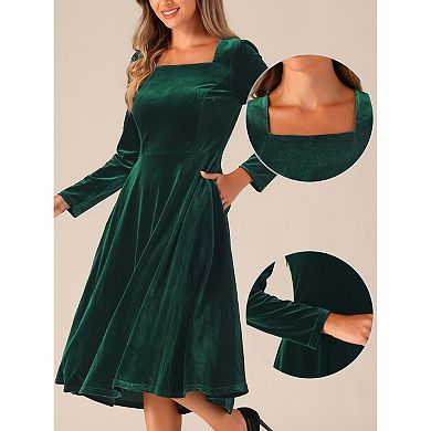 Square Neck Dress For Women's Pocket High Waist Puffy Long Sleeve Elegant Velvet Dresses