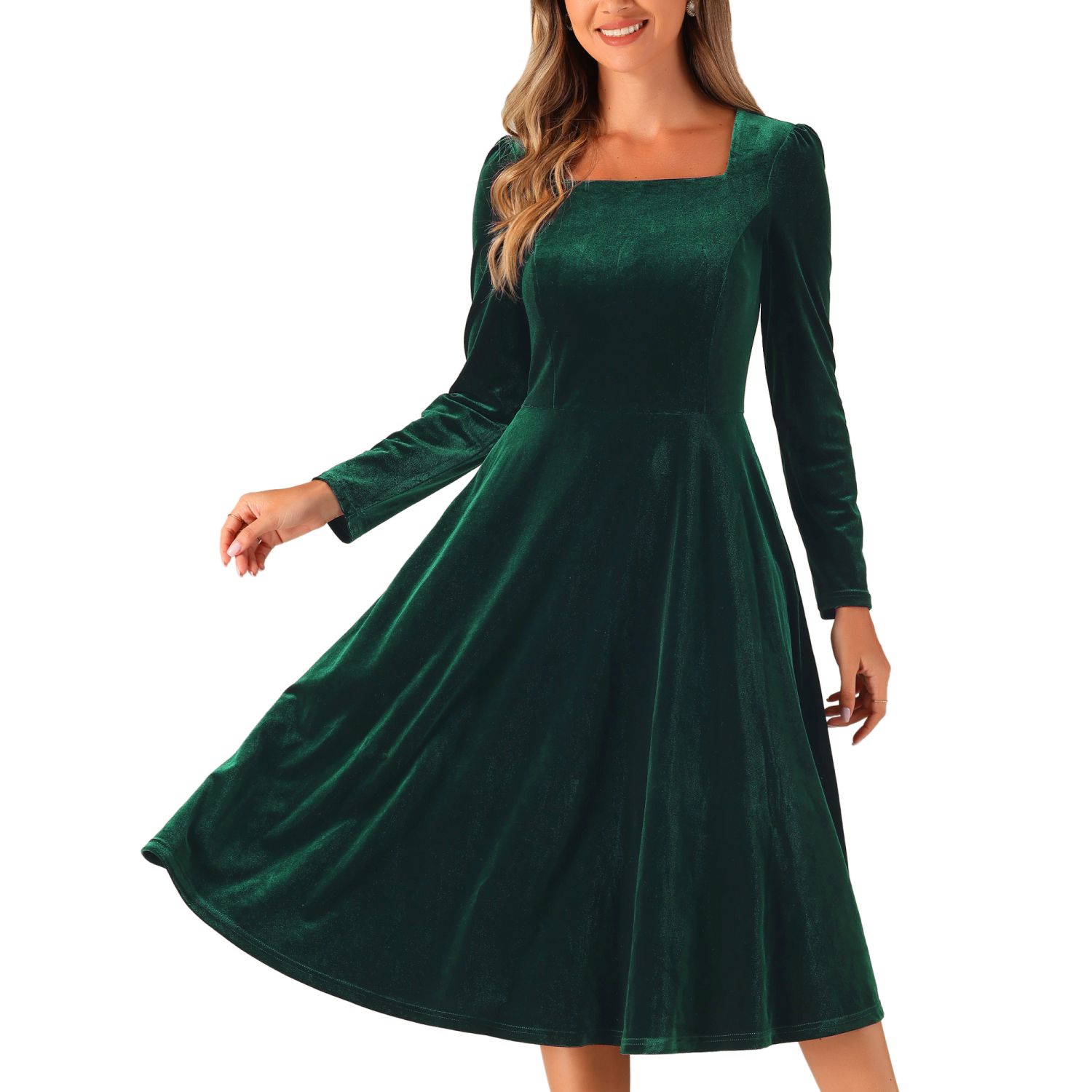 Square Neck Dress For Women's Pocket High Waist Puffy Long Sleeve Elegant Velvet  Dresses