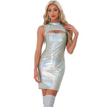 Metallic Bodycon Dresses For Women's Sleeveless Mock Neck Club Party Mini Shiny Dress