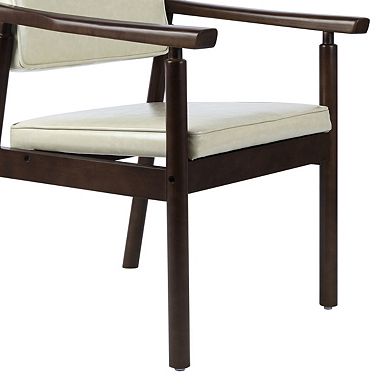Mid Century Dining Chairs With Wooden Handrail, Beige Fabric Upholstered Faux Leather Armchair