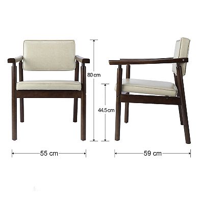 Mid Century Dining Chairs With Wooden Handrail, Beige Fabric Upholstered Faux Leather Armchair