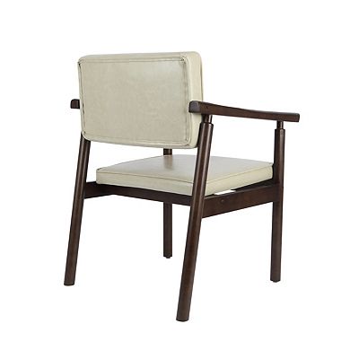 Mid Century Dining Chairs With Wooden Handrail, Beige Fabric Upholstered Faux Leather Armchair