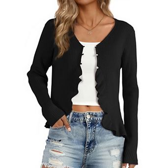 Long Sleeve Shrug For Women's Buttons Stretchy Ruffle V Neck Sweater Cardigan