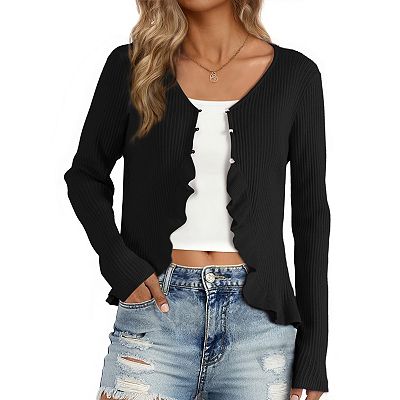 Long Sleeve Shrug For Women's Buttons Stretchy Ruffle V Neck