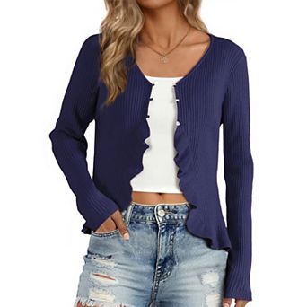 Long Sleeve Shrug for Women's Buttons Stretchy Ruffle V Neck Sweater Cardigan