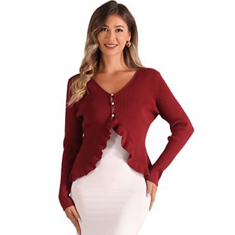 Long Sleeve Shrug For Women's Buttons Stretchy Ruffle V Neck Sweater Cardigan