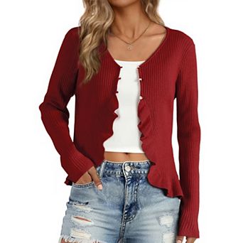 Long Sleeve Shrug For Women's Buttons Stretchy Ruffle V Neck Sweater Cardigan