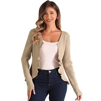 Long Sleeve Shrug For Women's Buttons Stretchy Ruffle V Neck Sweater Cardigan
