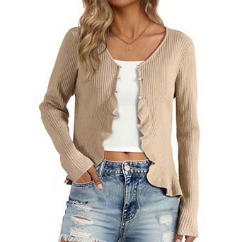 Long Sleeve Shrug For Women's Buttons Stretchy Ruffle V Neck Sweater Cardigan