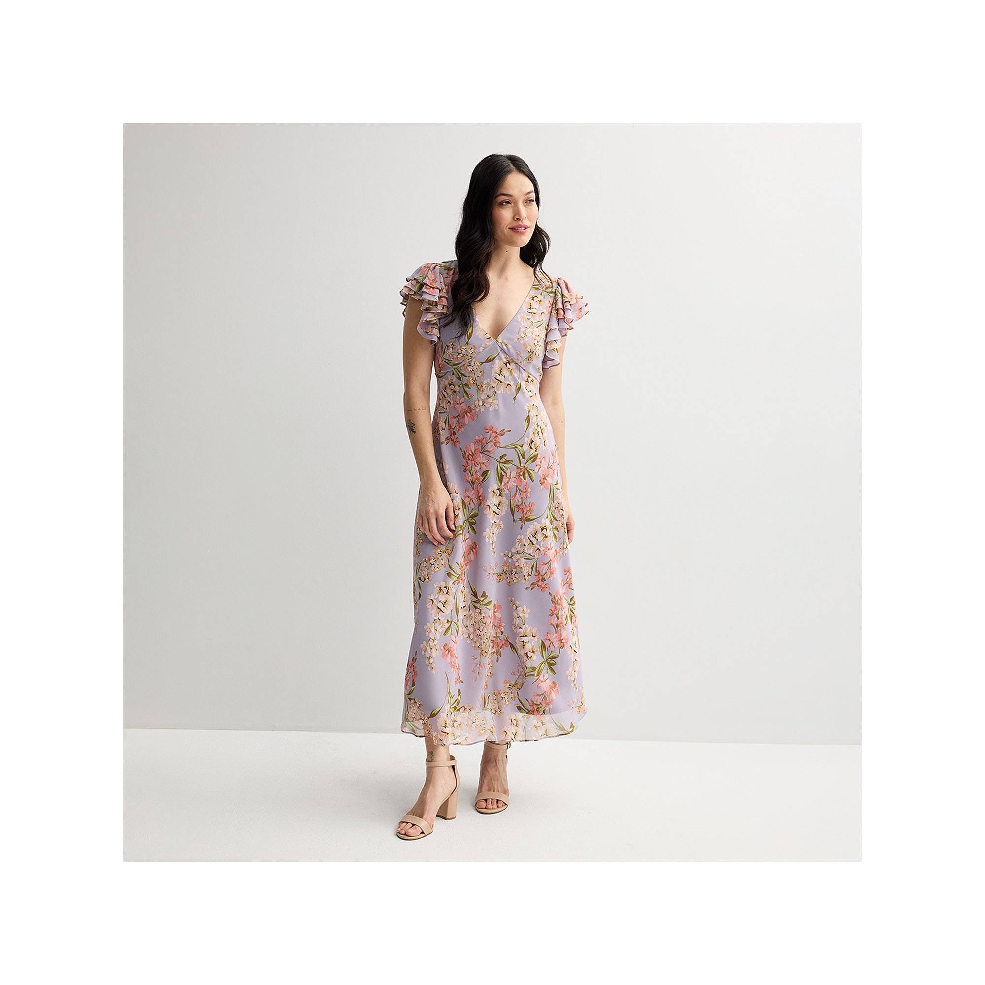 Womens Taylor V-Neck Flutter Sleeve Dress, Size: 8, Purple Floral