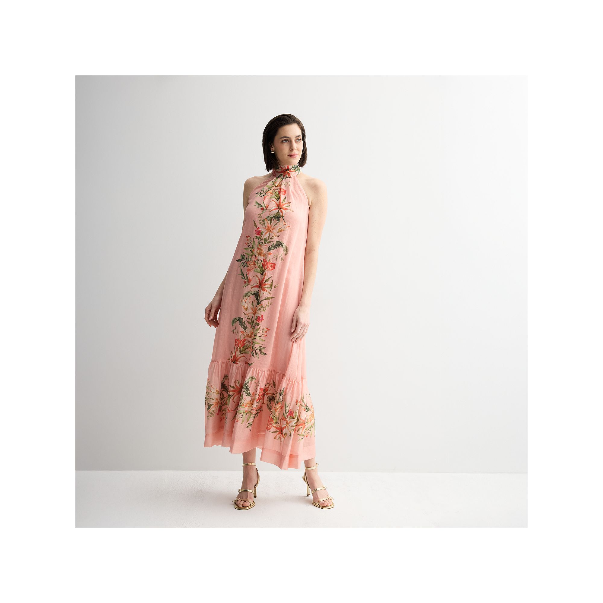 Womens Taylor Floral High Neck Ruffle Hem Dress, Size: 2, Melon