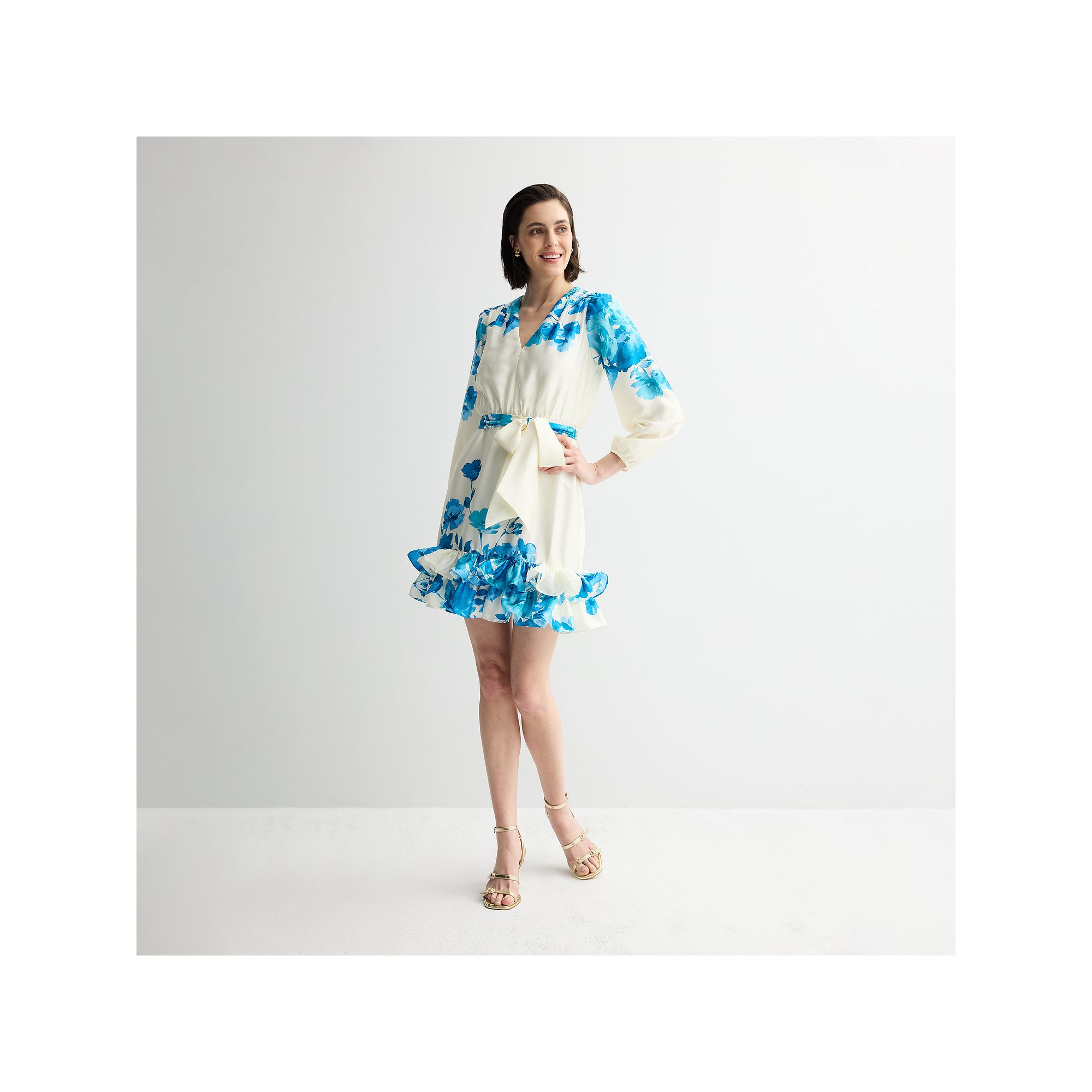 Womens Taylor Ruffle Hem Fit & Flare Mini Dress, Size: 2, White Teal