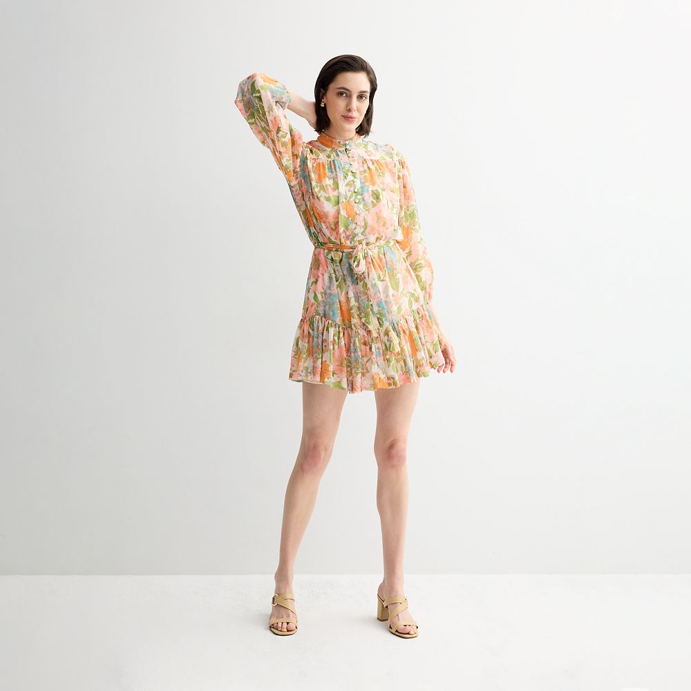 Silk Floral Shirt Dress with Mandarin Collar and Belted Waist
