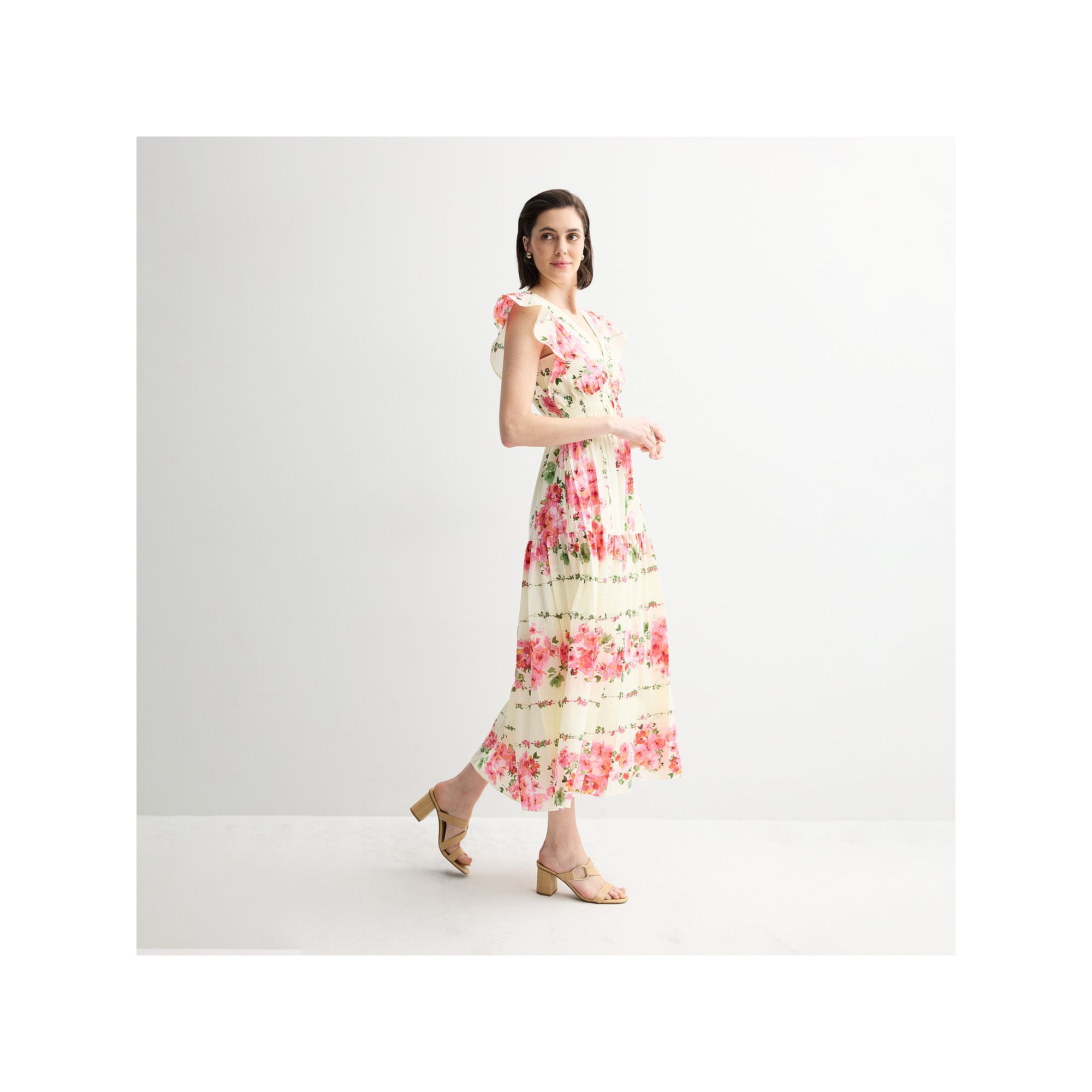 Womens Taylor Smocked Waist Flutter Sleeve Maxi Dress, Size: 2, Ivory Pink