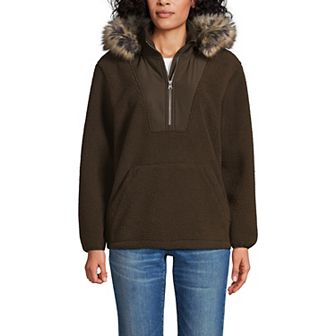 Women's Lands' End Faux Fur Hooded Half Zip Sherpa Fleece Pullover
