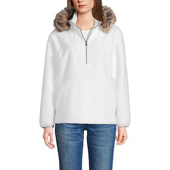 Women's Lands' End Faux Fur Hooded Half Zip Sherpa Fleece Pullover