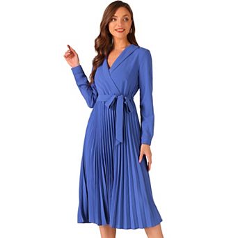 Pleated Dress For Women's Office Work Shawl Collar Belt Midi Dresses
