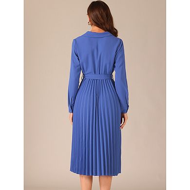 Pleated Dress For Women's Office Work Shawl Collar Belt Midi Dresses